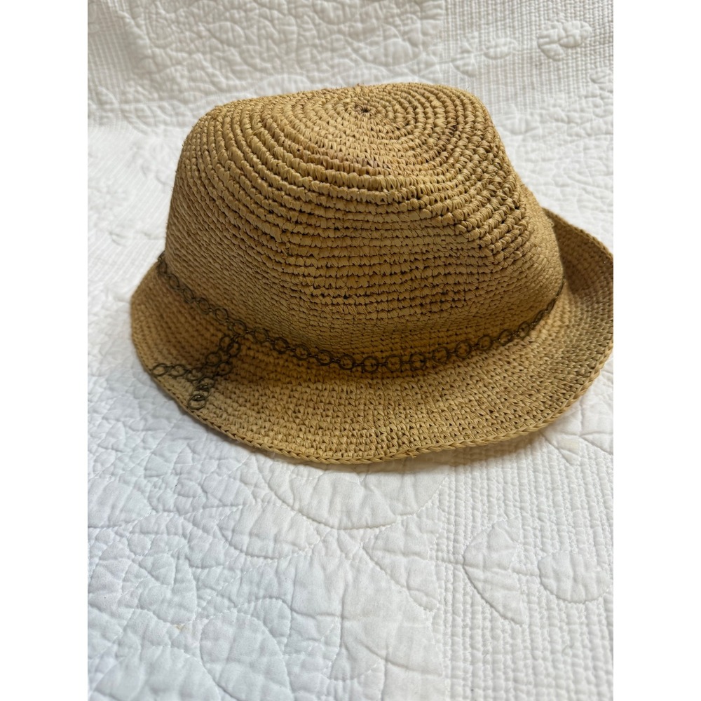 Flora Bella Handmade Raffia Straw Sun Hat Tan Woven Chain Link Accent Fedora